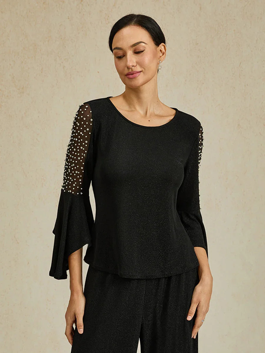 Beaded Illusion Metallic Knit Blouse