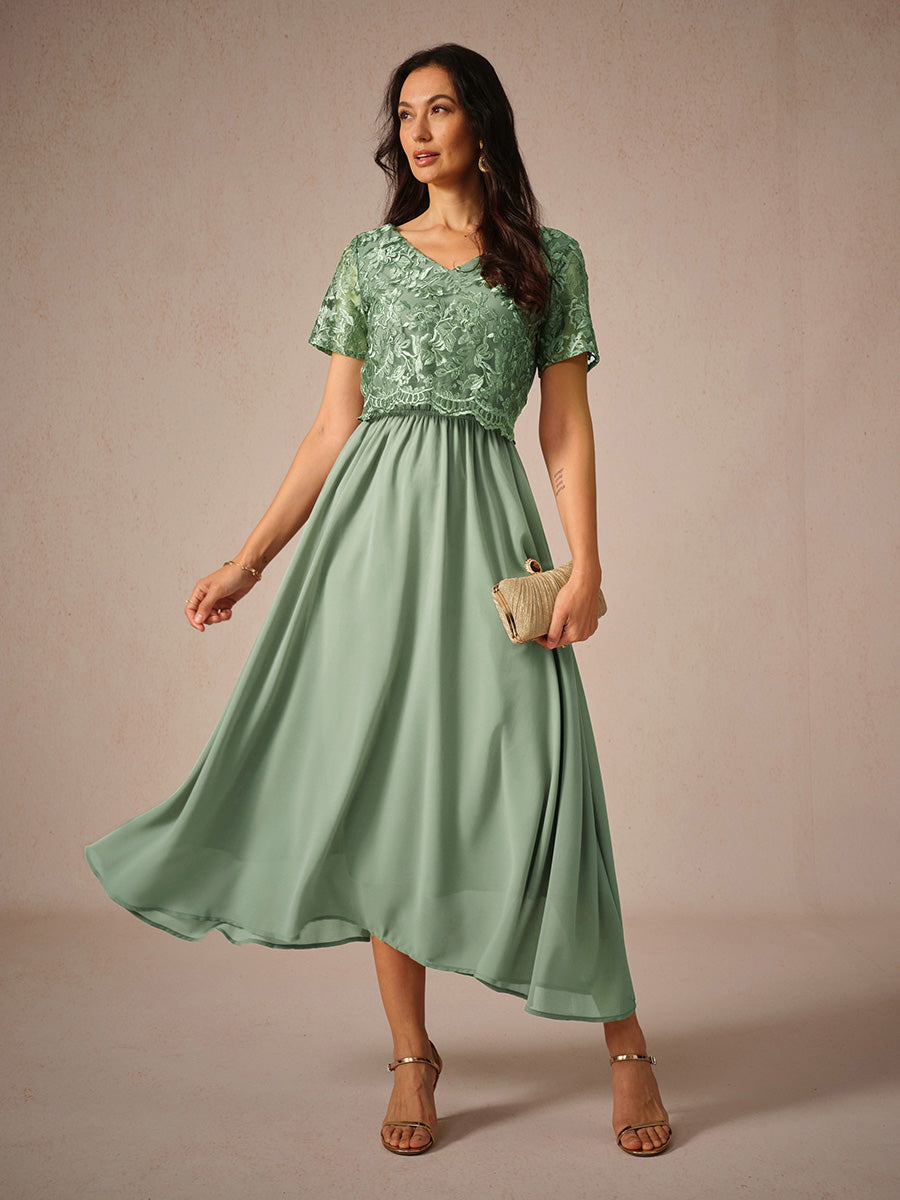 Chiffon Lace V Neck Short Sleeve Flared Midi Dress