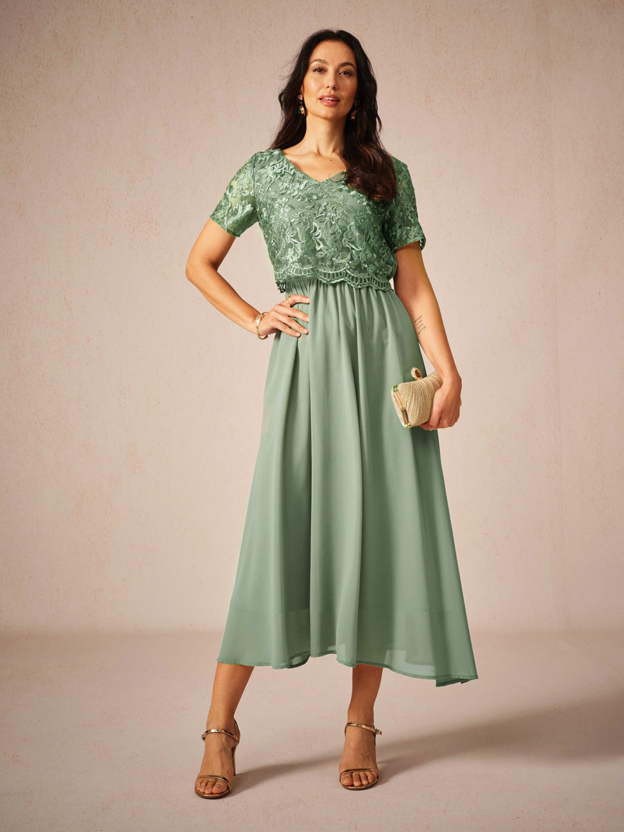 Chiffon Lace V Neck Short Sleeve Flared Midi Dress