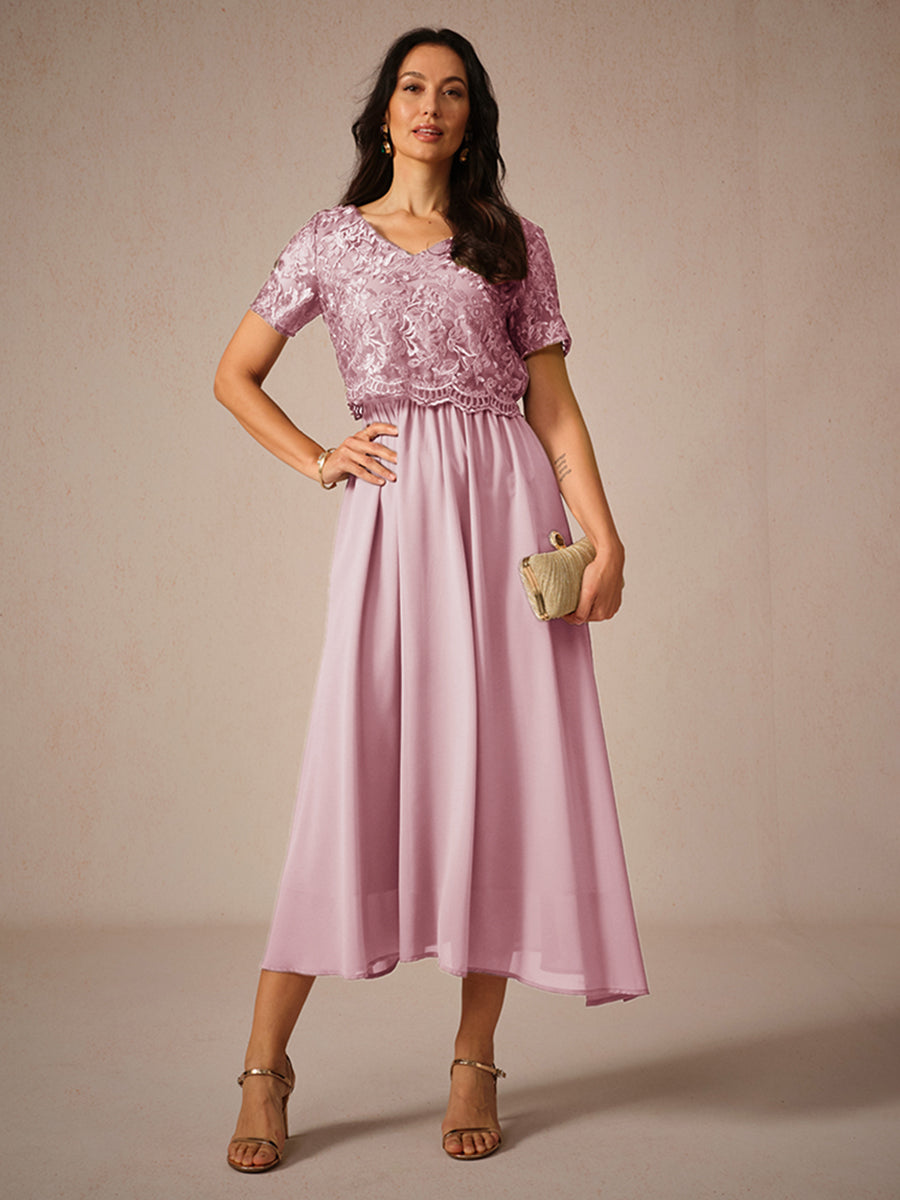 Chiffon Lace V Neck Short Sleeve Flared Midi Dress