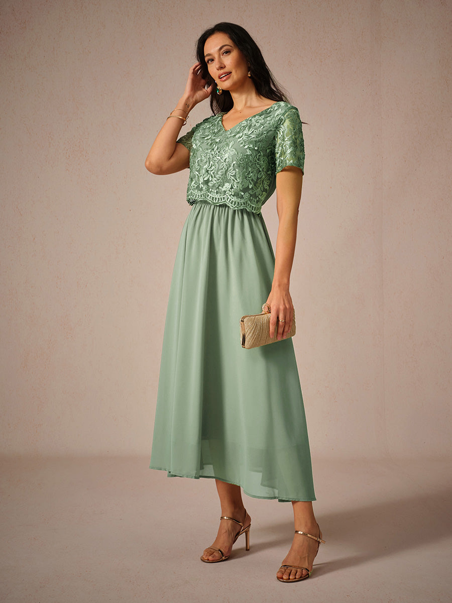 Chiffon Lace V Neck Short Sleeve Flared Midi Dress
