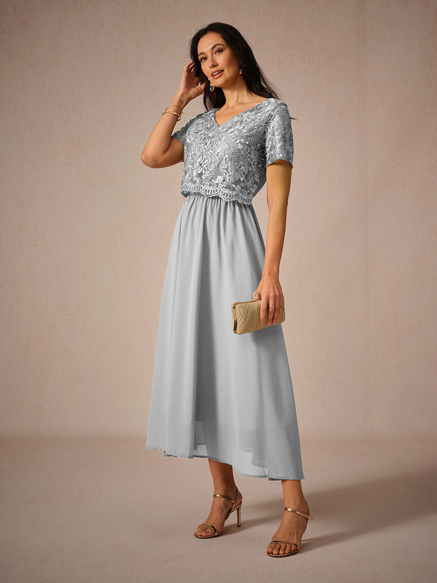 Chiffon Lace V Neck Short Sleeve Flared Midi Dress