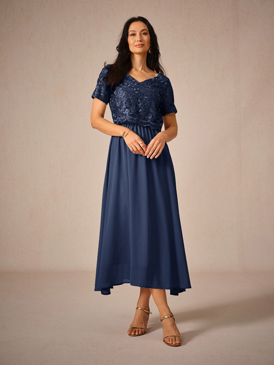 Chiffon Lace V Neck Short Sleeve Flared Midi Dress