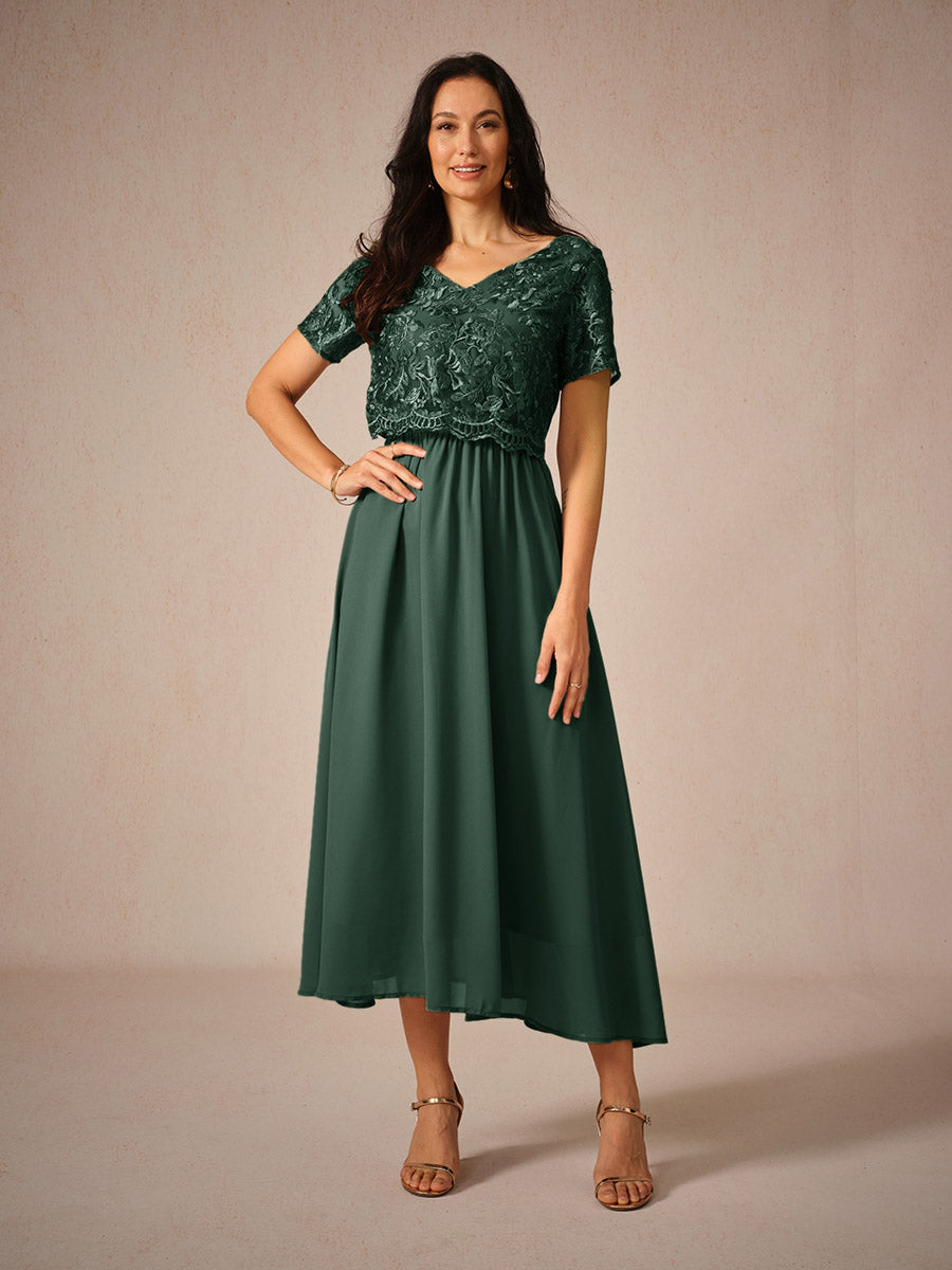 Chiffon Lace V Neck Short Sleeve Flared Midi Dress