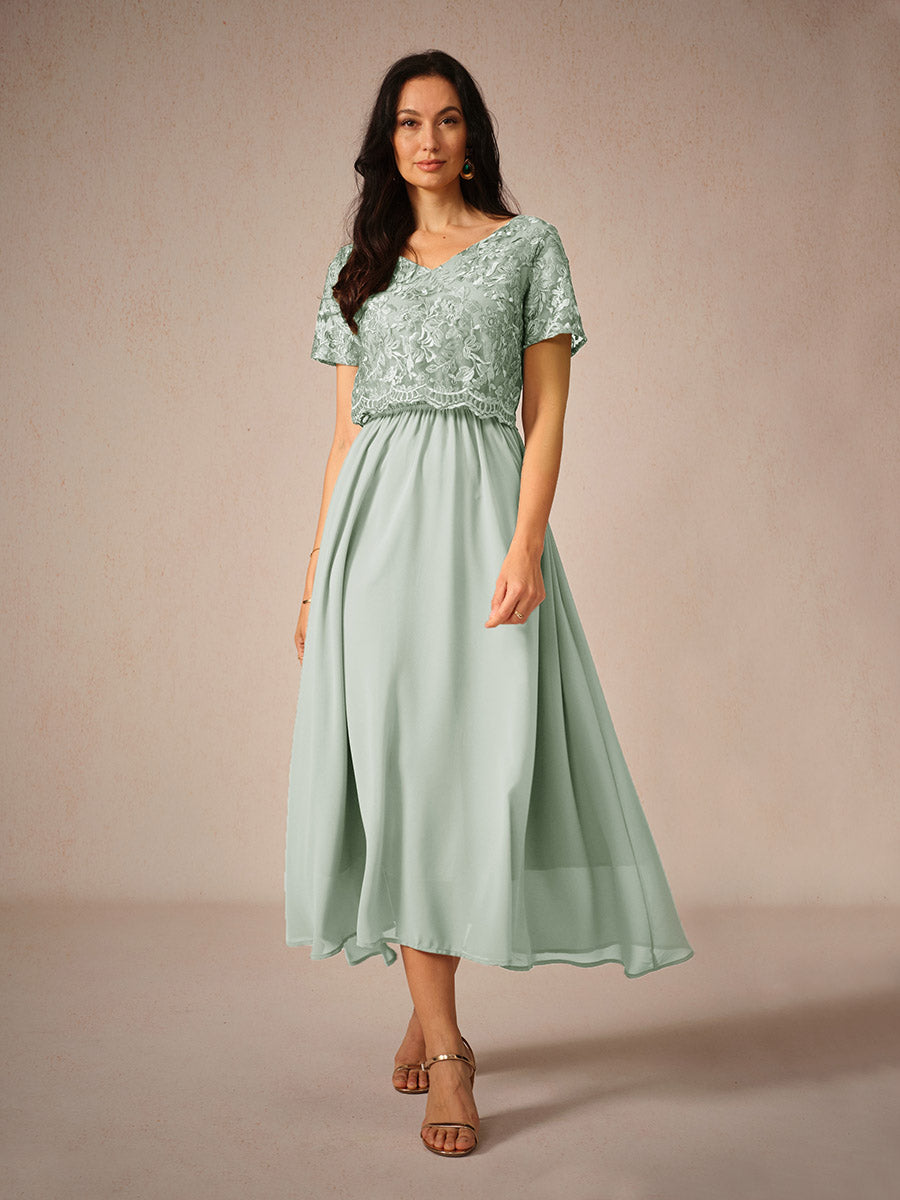 Chiffon Lace V Neck Short Sleeve Flared Midi Dress