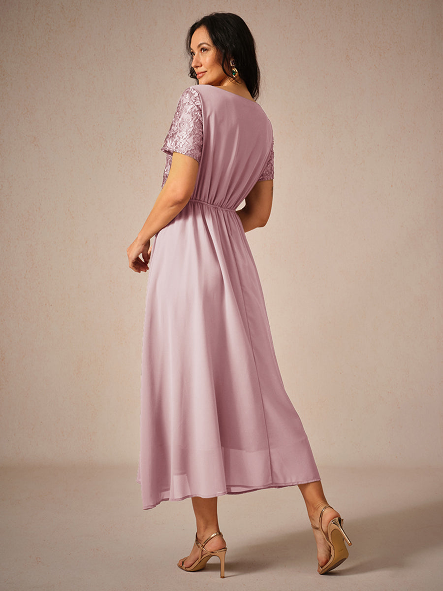 Chiffon Lace V Neck Short Sleeve Flared Midi Dress