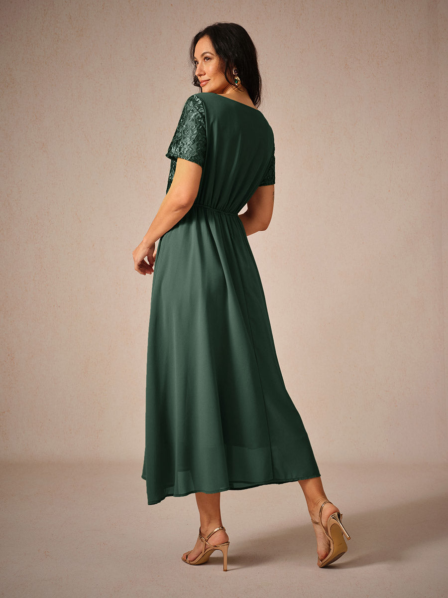 Chiffon Lace V Neck Short Sleeve Flared Midi Dress