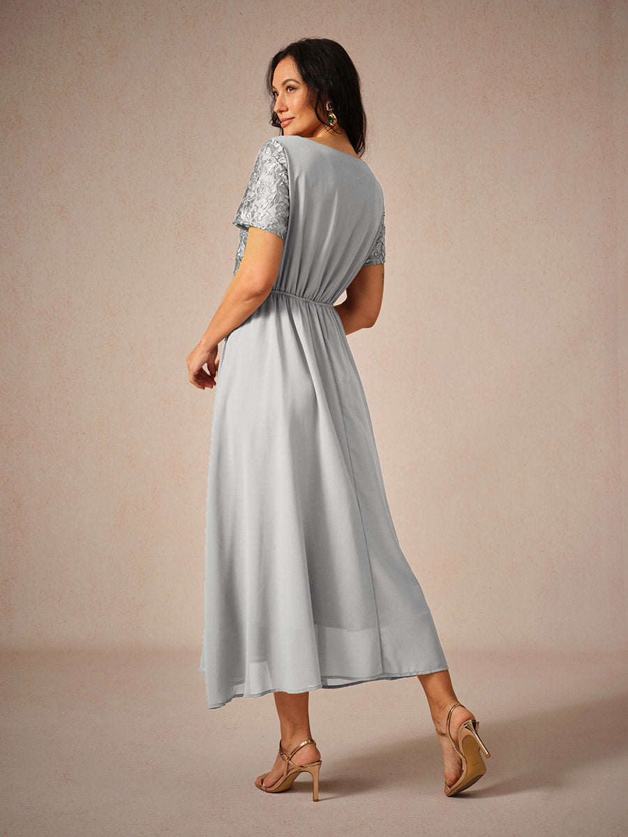 Chiffon Lace V Neck Short Sleeve Flared Midi Dress