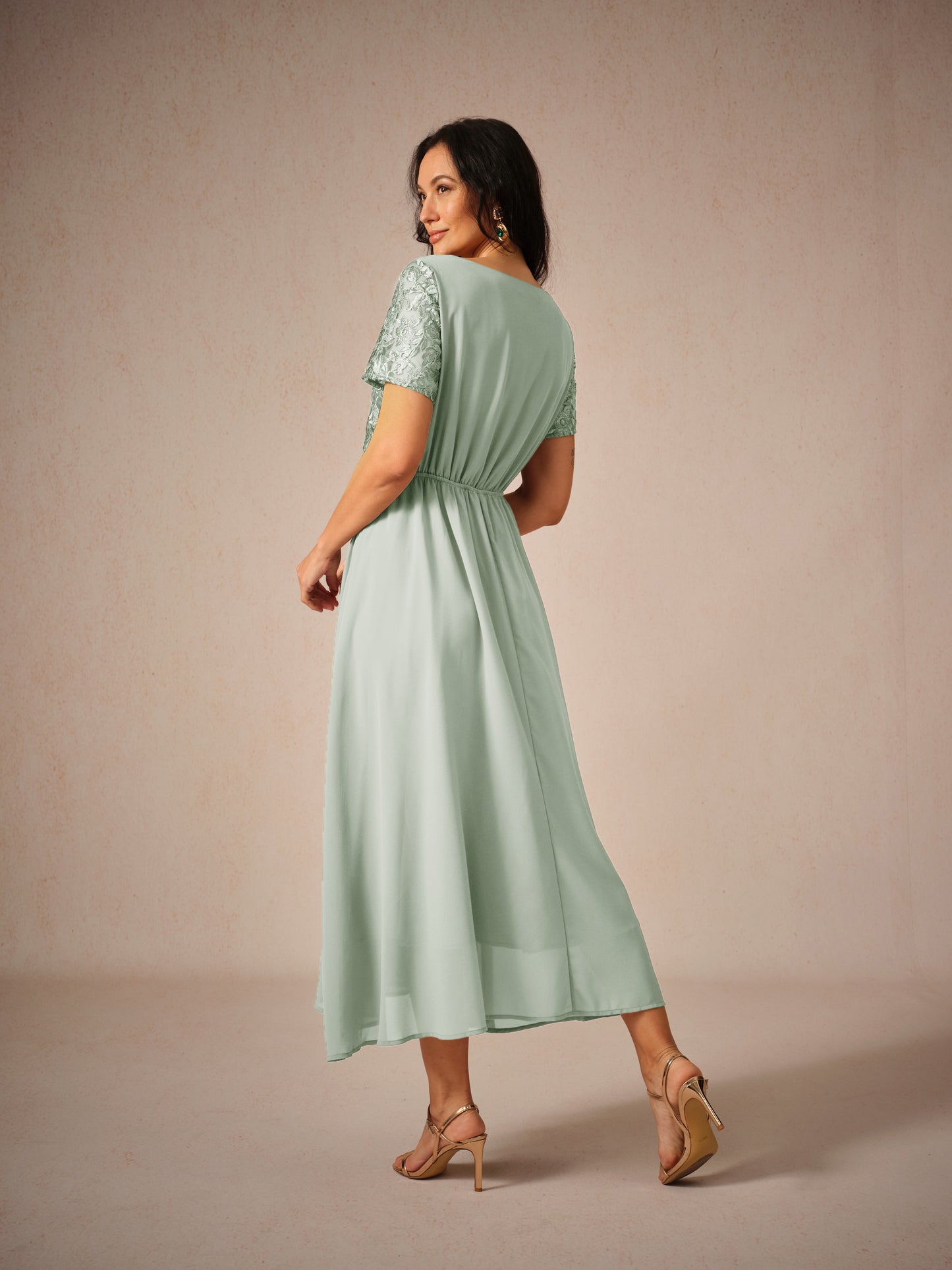 Chiffon Lace V Neck Short Sleeve Flared Midi Dress