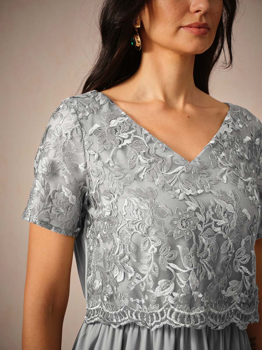 Chiffon Lace V Neck Short Sleeve Flared Midi Dress