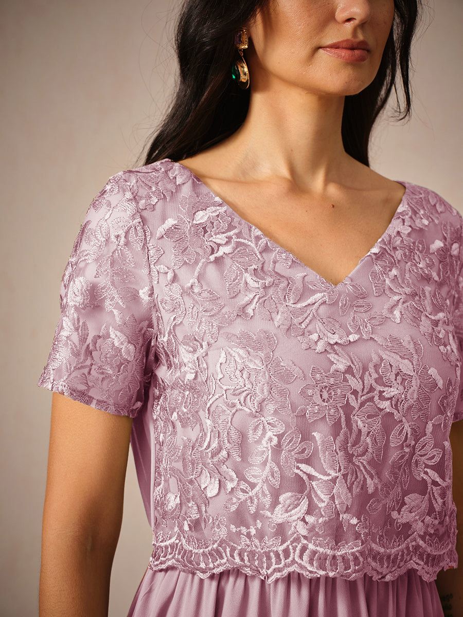 Chiffon Lace V Neck Short Sleeve Flared Midi Dress