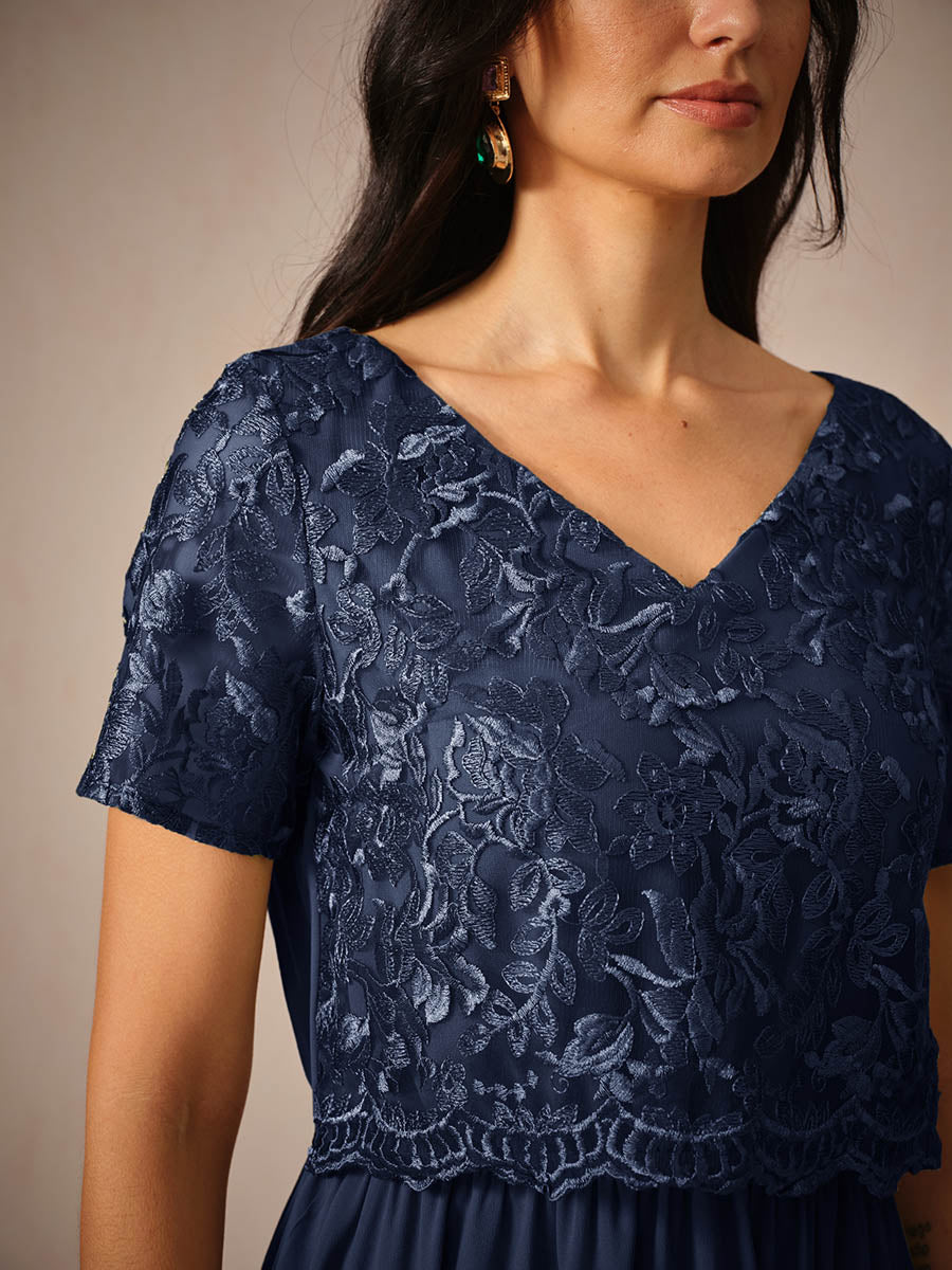 Chiffon Lace V Neck Short Sleeve Flared Midi Dress