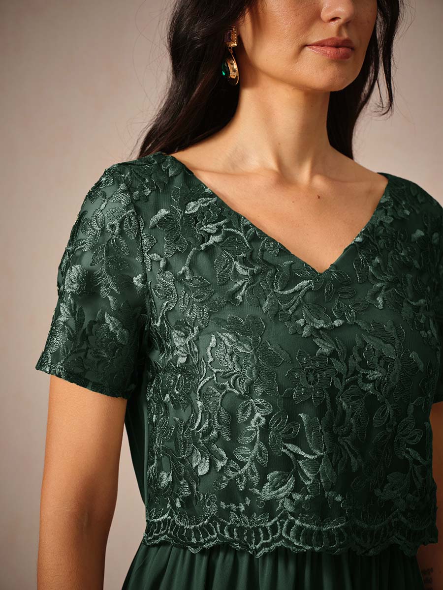 Chiffon Lace V Neck Short Sleeve Flared Midi Dress