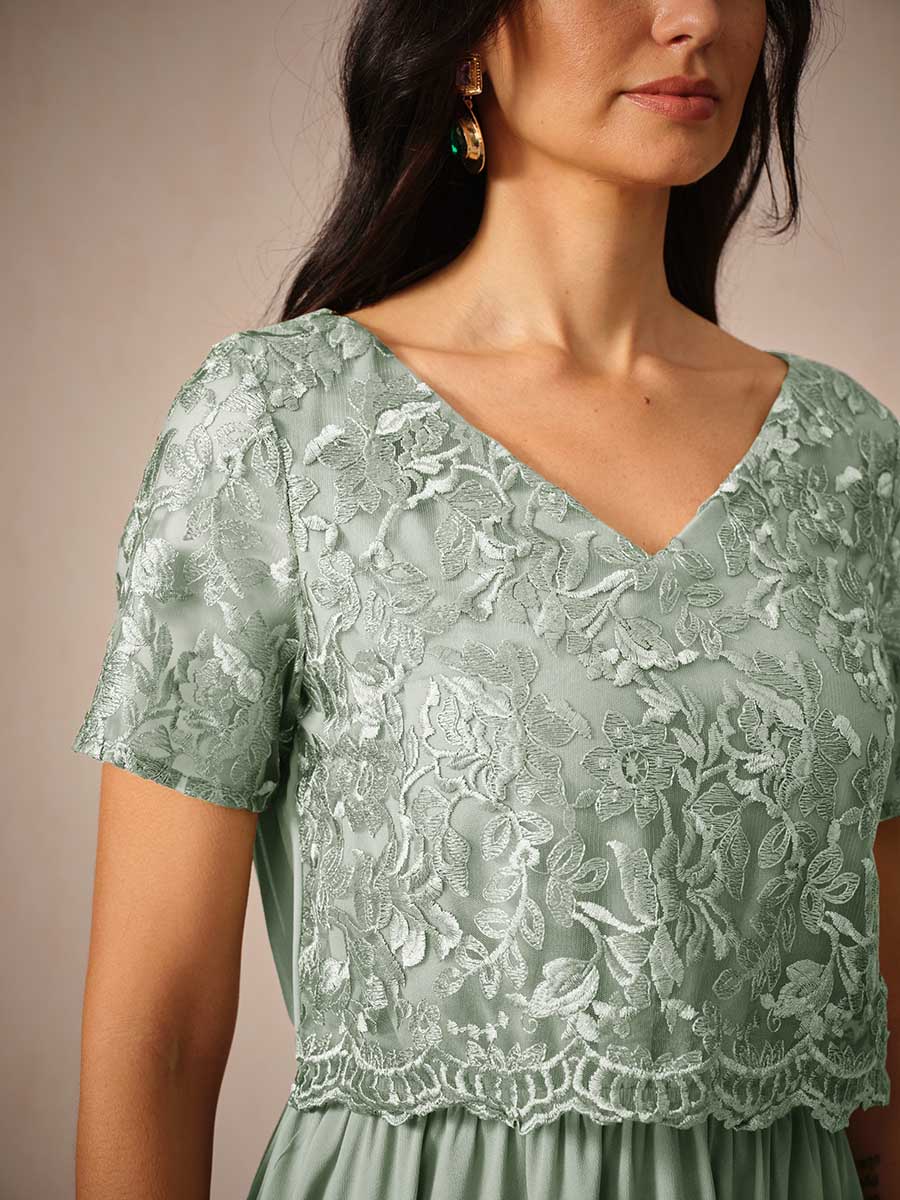 Chiffon Lace V Neck Short Sleeve Flared Midi Dress