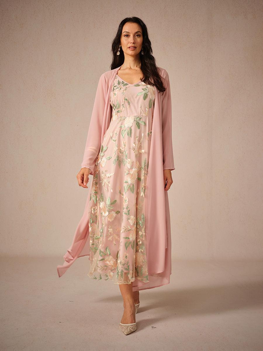 Floral Lace Embroidered Dress With Chiffon Jacket
