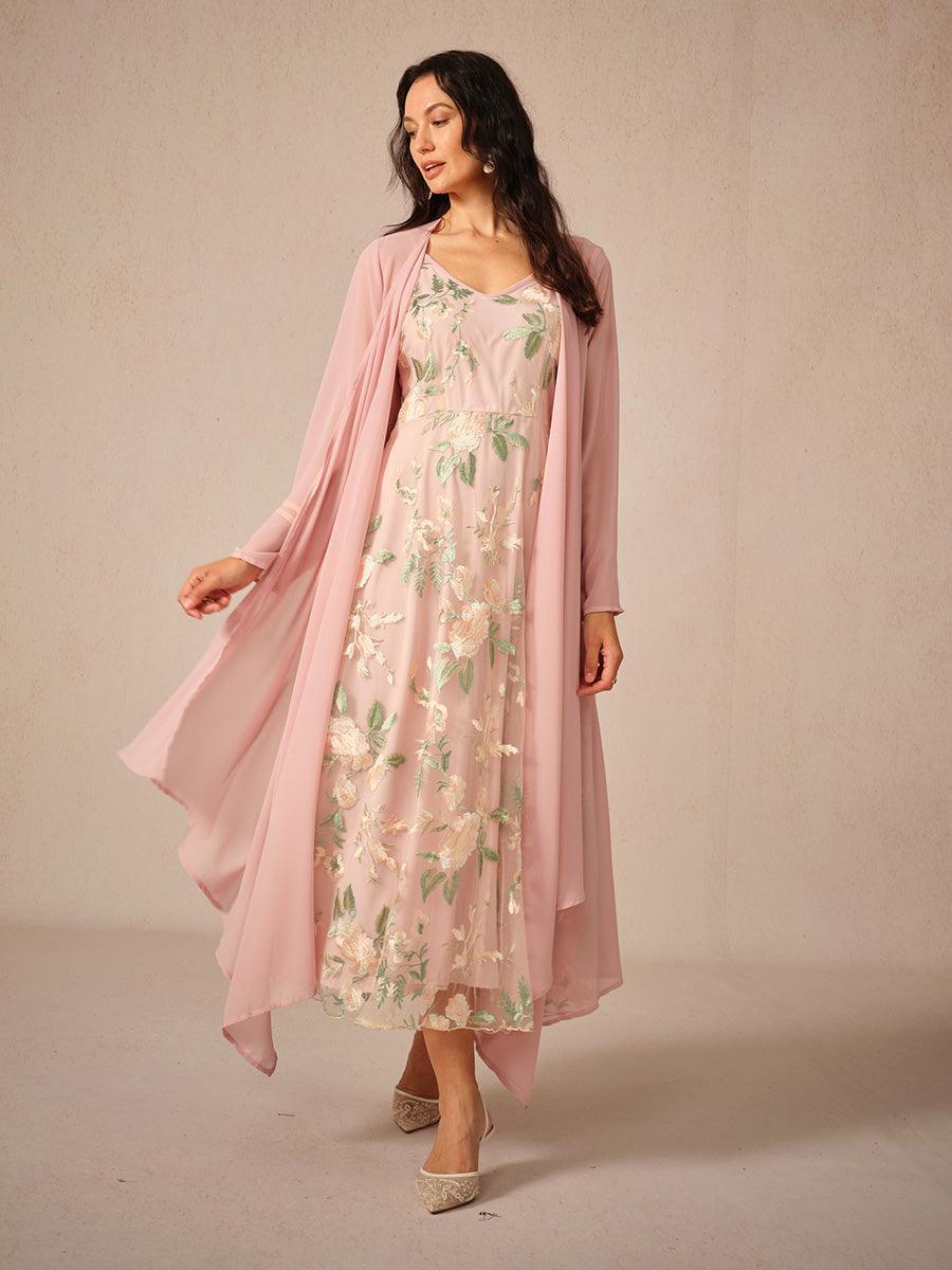 Floral Lace Embroidered Dress With Chiffon Jacket