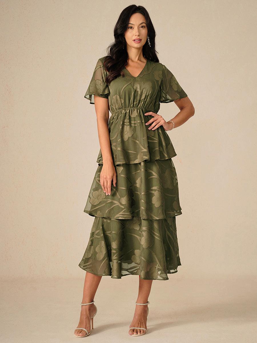 Lace V Neck Ruffle Layered Flutter Dress