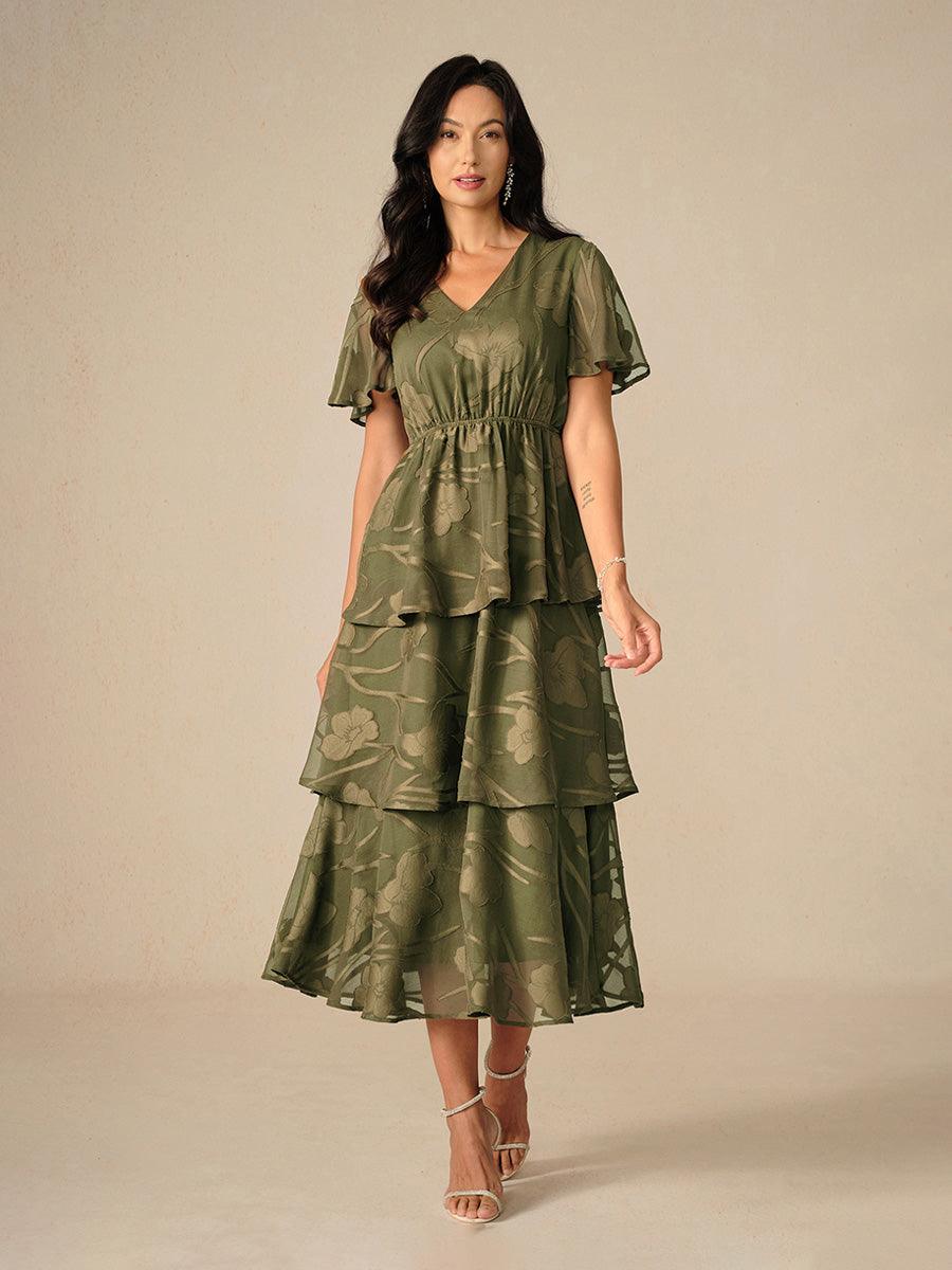 Lace V Neck Ruffle Layered Flutter Dress