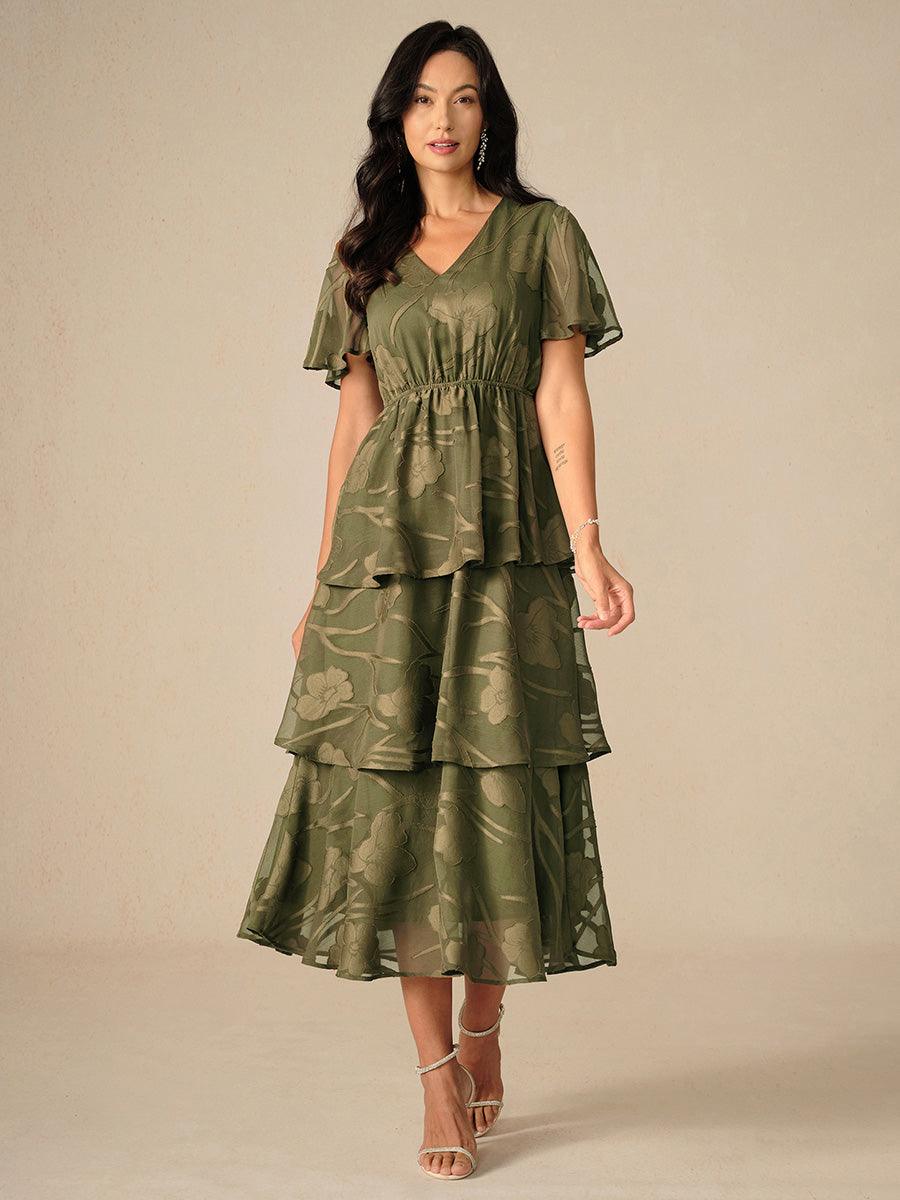 Lace V Neck Ruffle Layered Flutter Dress