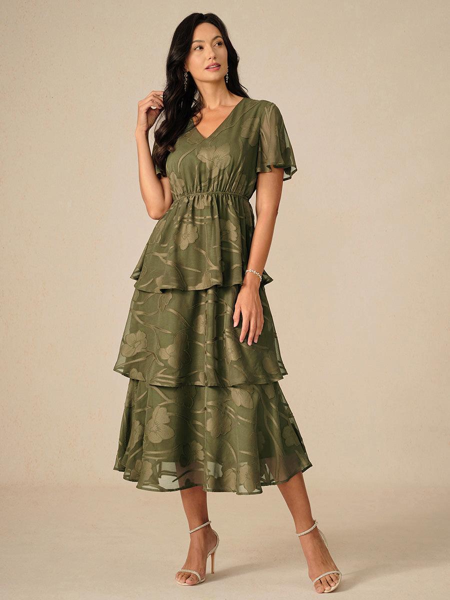 Lace V Neck Ruffle Layered Flutter Dress