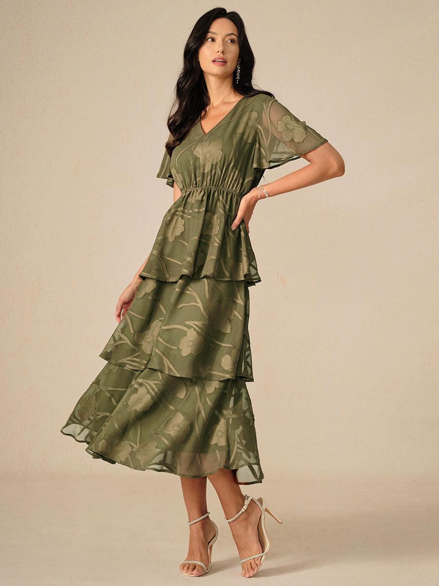 Lace V Neck Ruffle Layered Flutter Dress