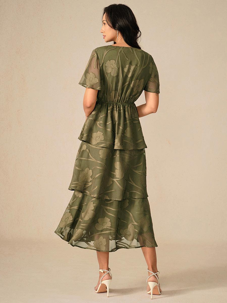 Lace V Neck Ruffle Layered Flutter Dress