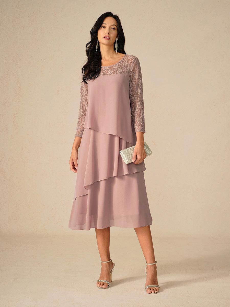 Lace Tiered Chiffon 3/4 Length Sleeve Dress