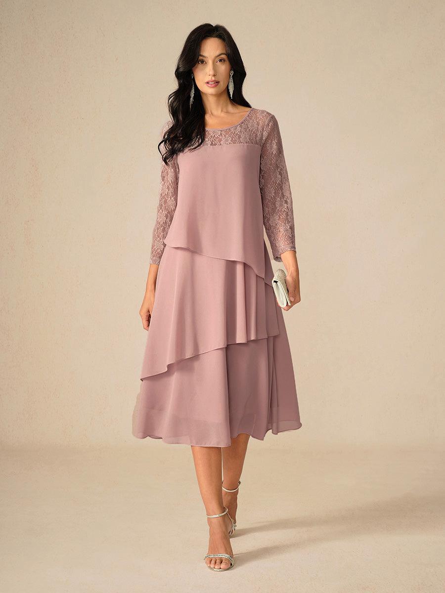 Lace Tiered Chiffon 3/4 Length Sleeve Dress