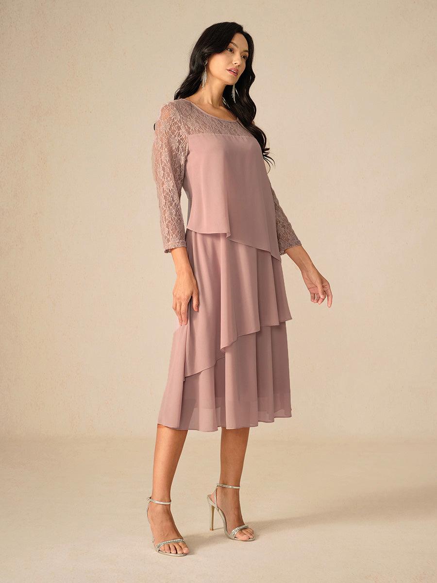 Lace Tiered Chiffon 3/4 Length Sleeve Dress