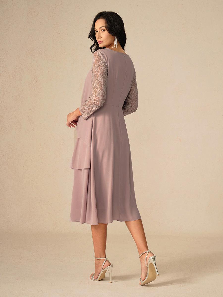 Lace Tiered Chiffon 3/4 Length Sleeve Dress