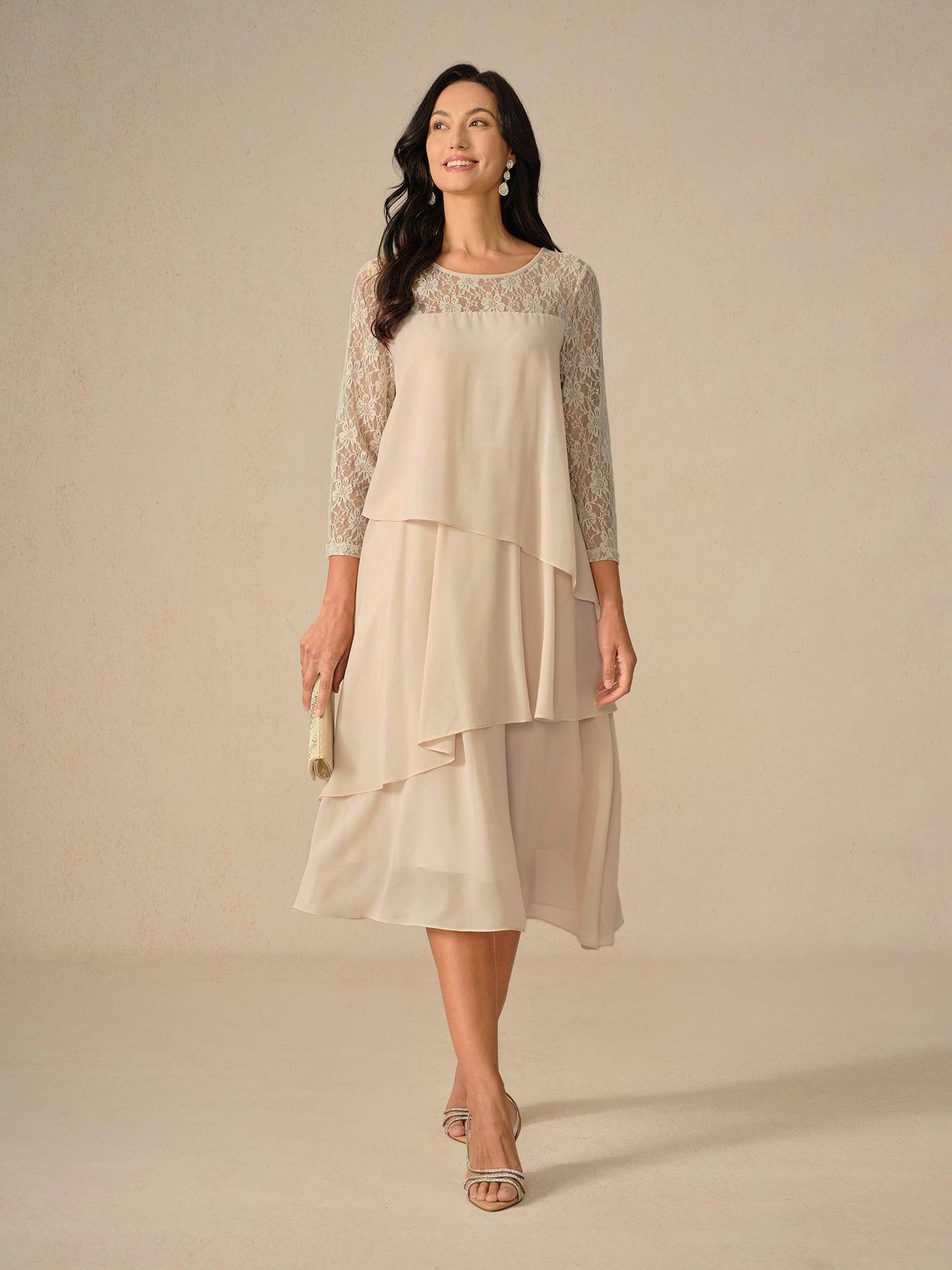 Lace Tiered Chiffon 3/4 Length Sleeve Dress