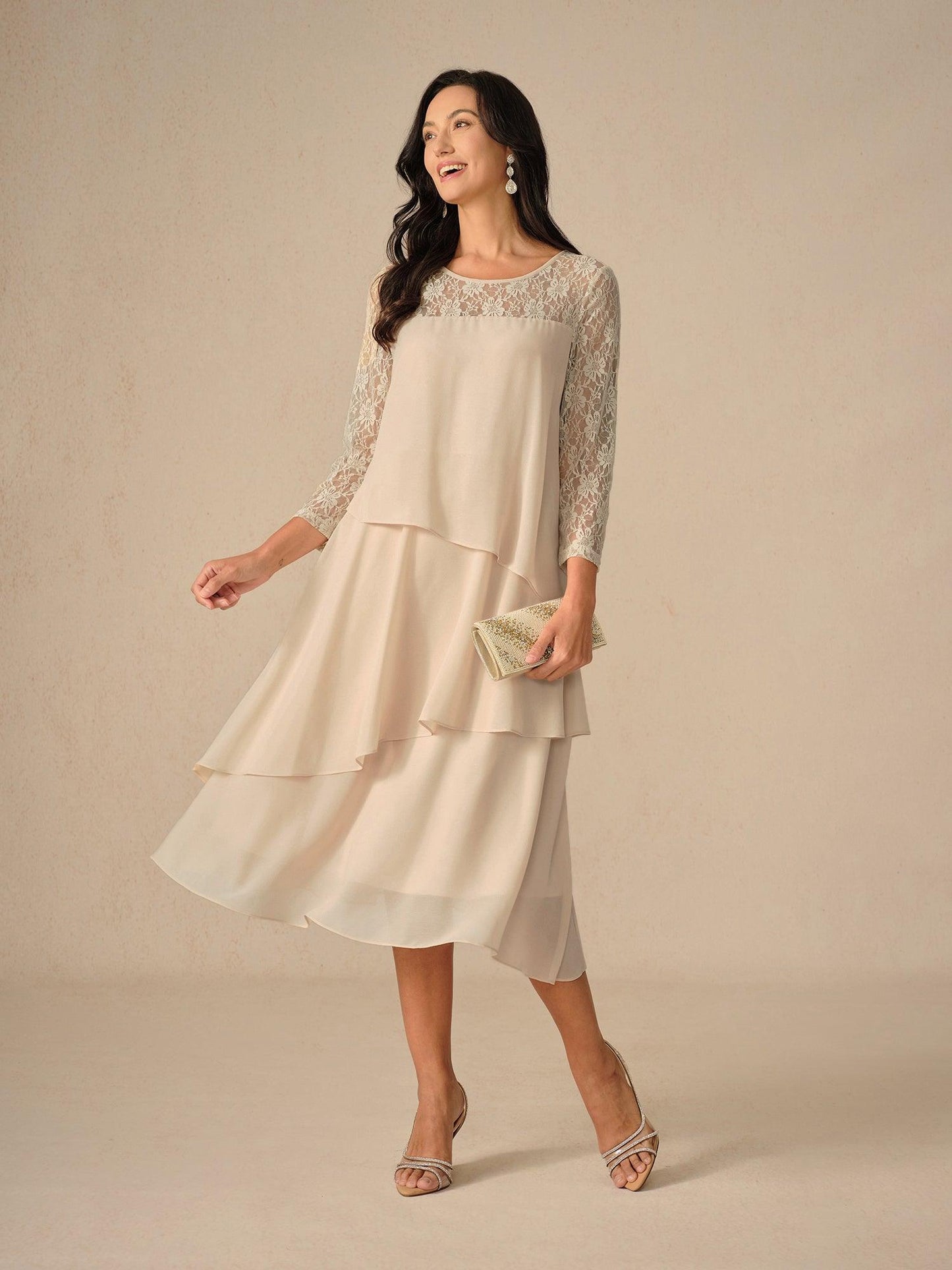 Lace Tiered Chiffon 3/4 Length Sleeve Dress