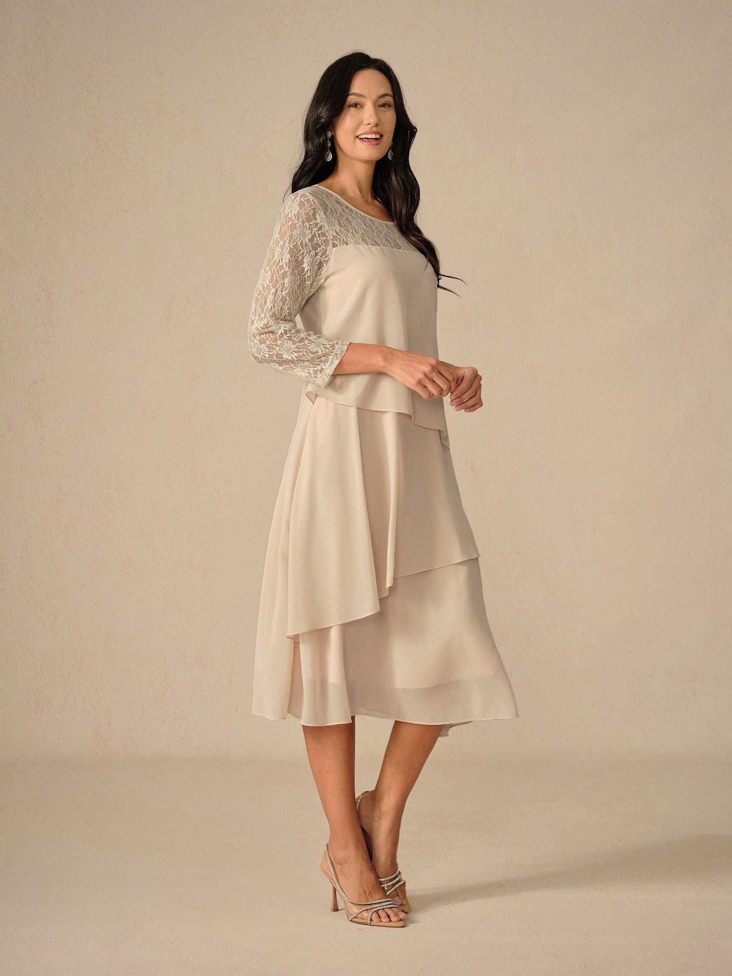 Lace Tiered Chiffon 3/4 Length Sleeve Dress