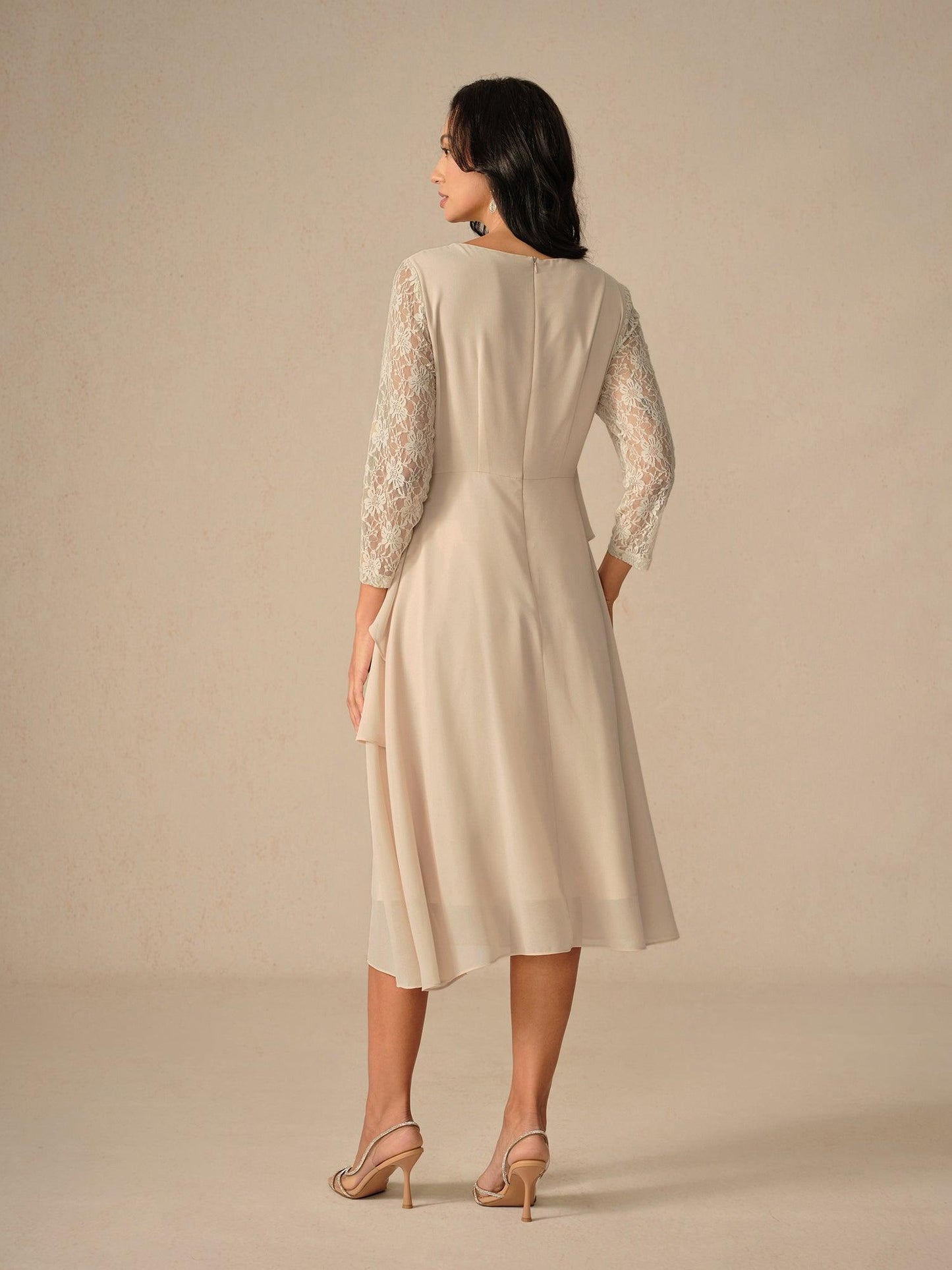Lace Tiered Chiffon 3/4 Length Sleeve Dress