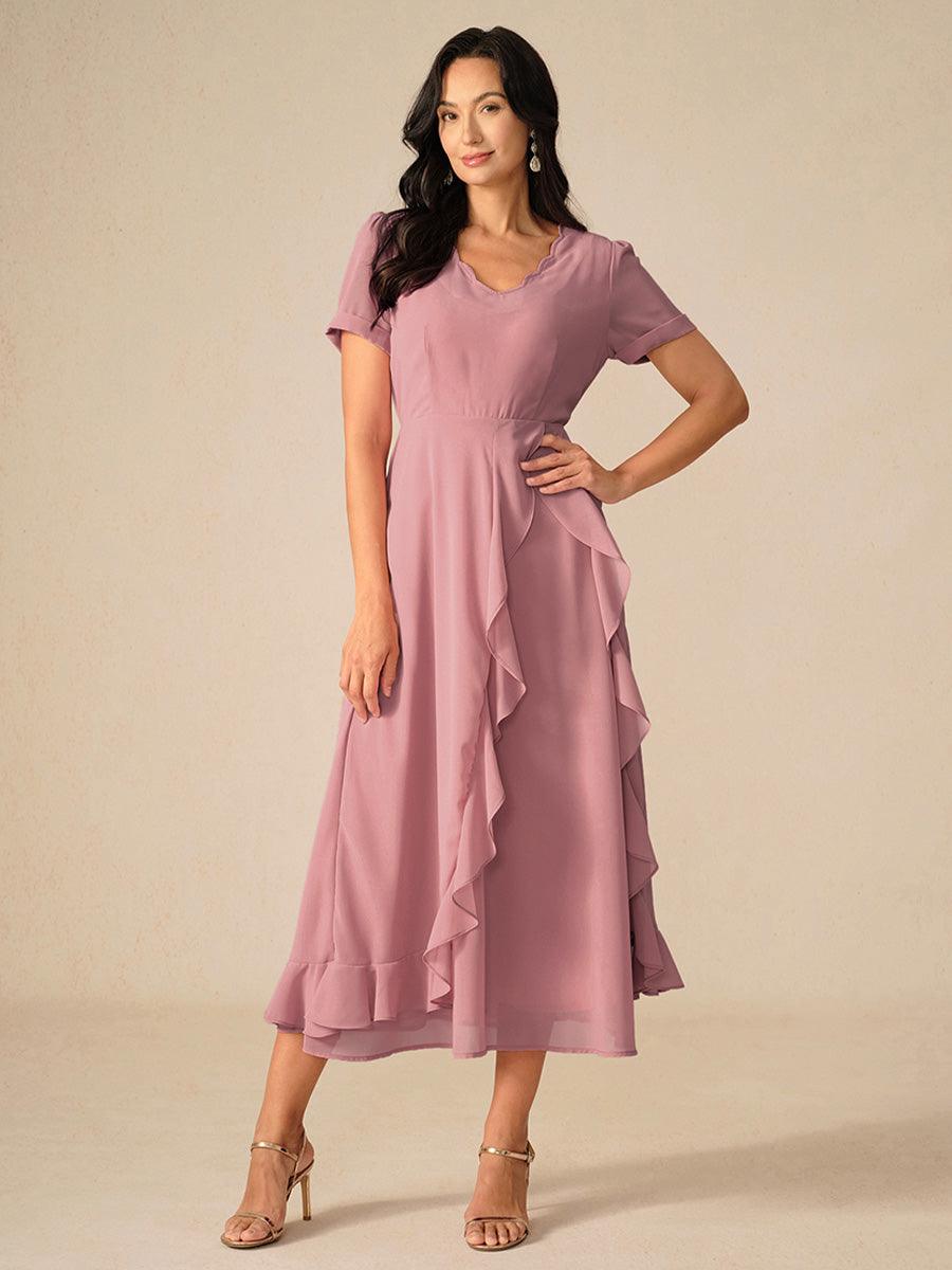 Marineblaues Maxikleid mit asymmetrischem Rüschen und V-Ausschnitt