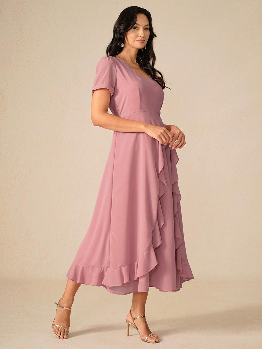 Marineblaues Maxikleid mit asymmetrischem Rüschen und V-Ausschnitt
