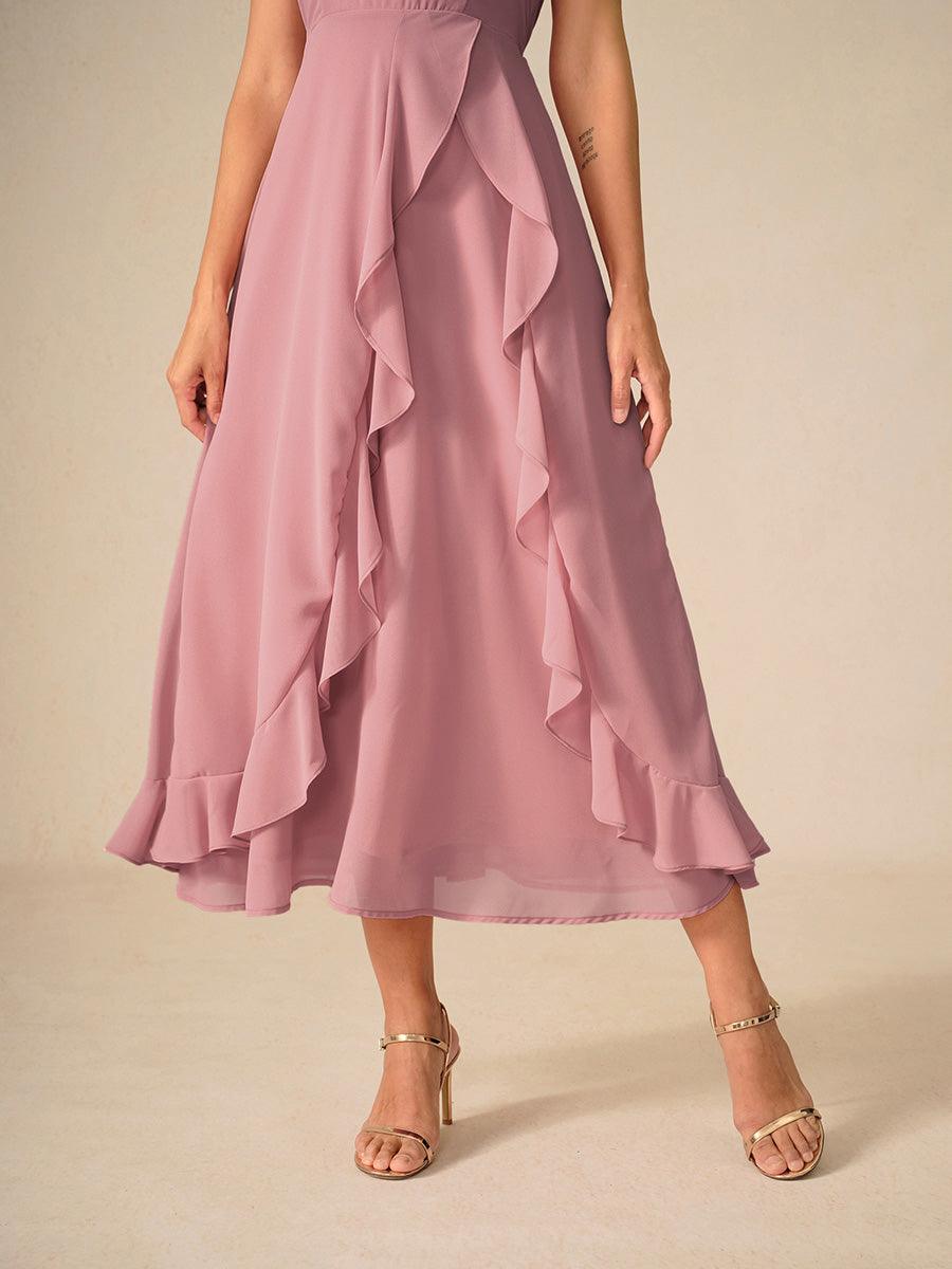Marineblaues Maxikleid mit asymmetrischem Rüschen und V-Ausschnitt