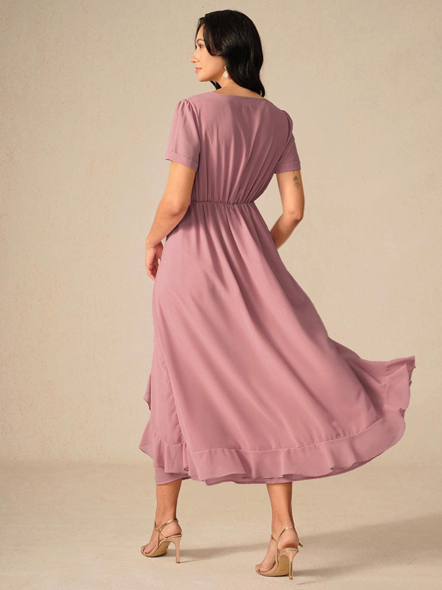 Marineblaues Maxikleid mit asymmetrischem Rüschen und V-Ausschnitt