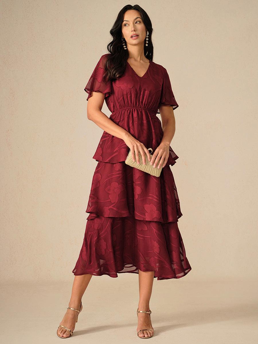 Lace V Neck Ruffle Layered Flutter Dress