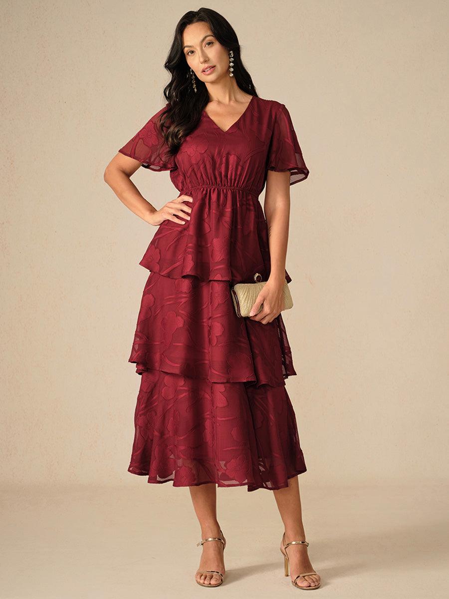 Lace V Neck Ruffle Layered Flutter Dress