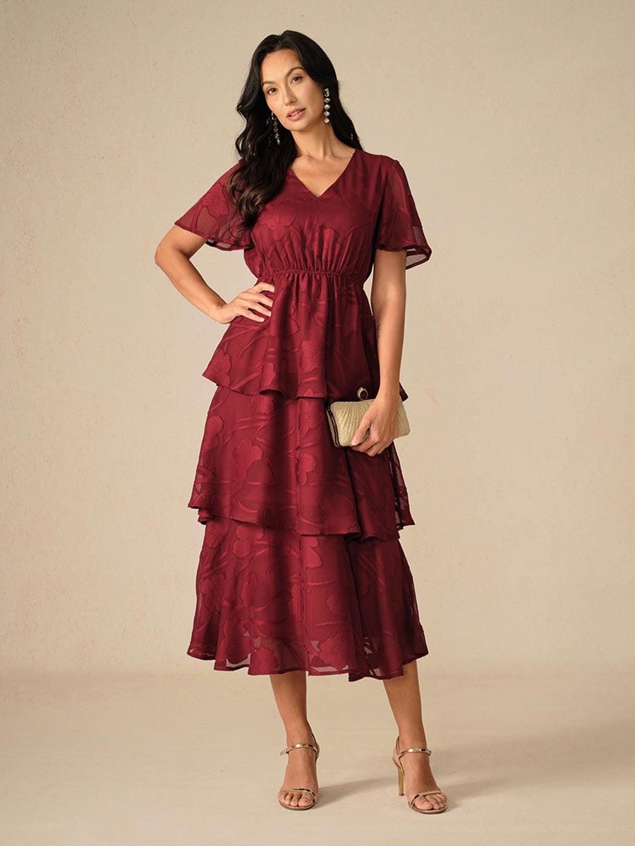 Lace V Neck Ruffle Layered Flutter Dress