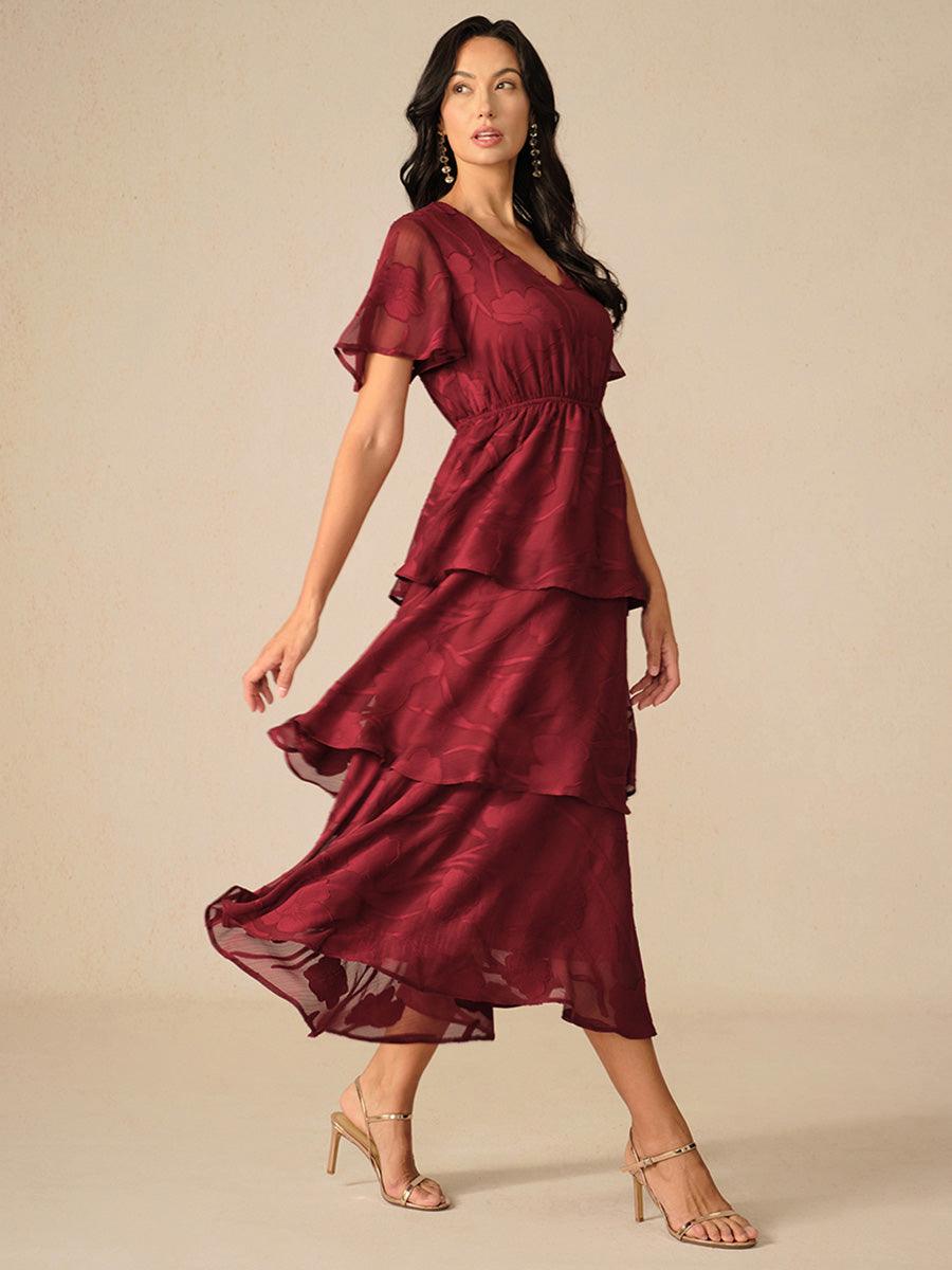 Lace V Neck Ruffle Layered Flutter Dress