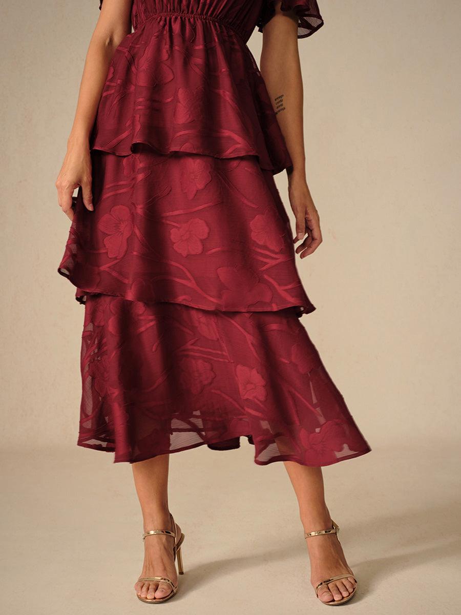 Lace V Neck Ruffle Layered Flutter Dress
