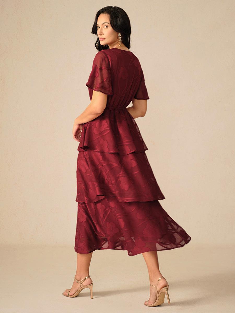 Lace V Neck Ruffle Layered Flutter Dress