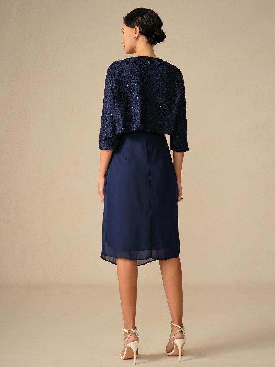 Ensemble élégant robe bleu marine longueur genou avec veste boléro