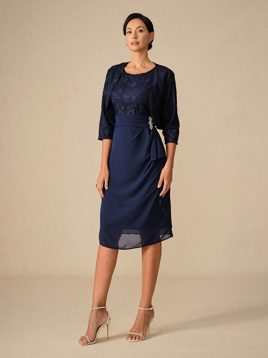 Ensemble élégant robe bleu marine longueur genou avec veste boléro