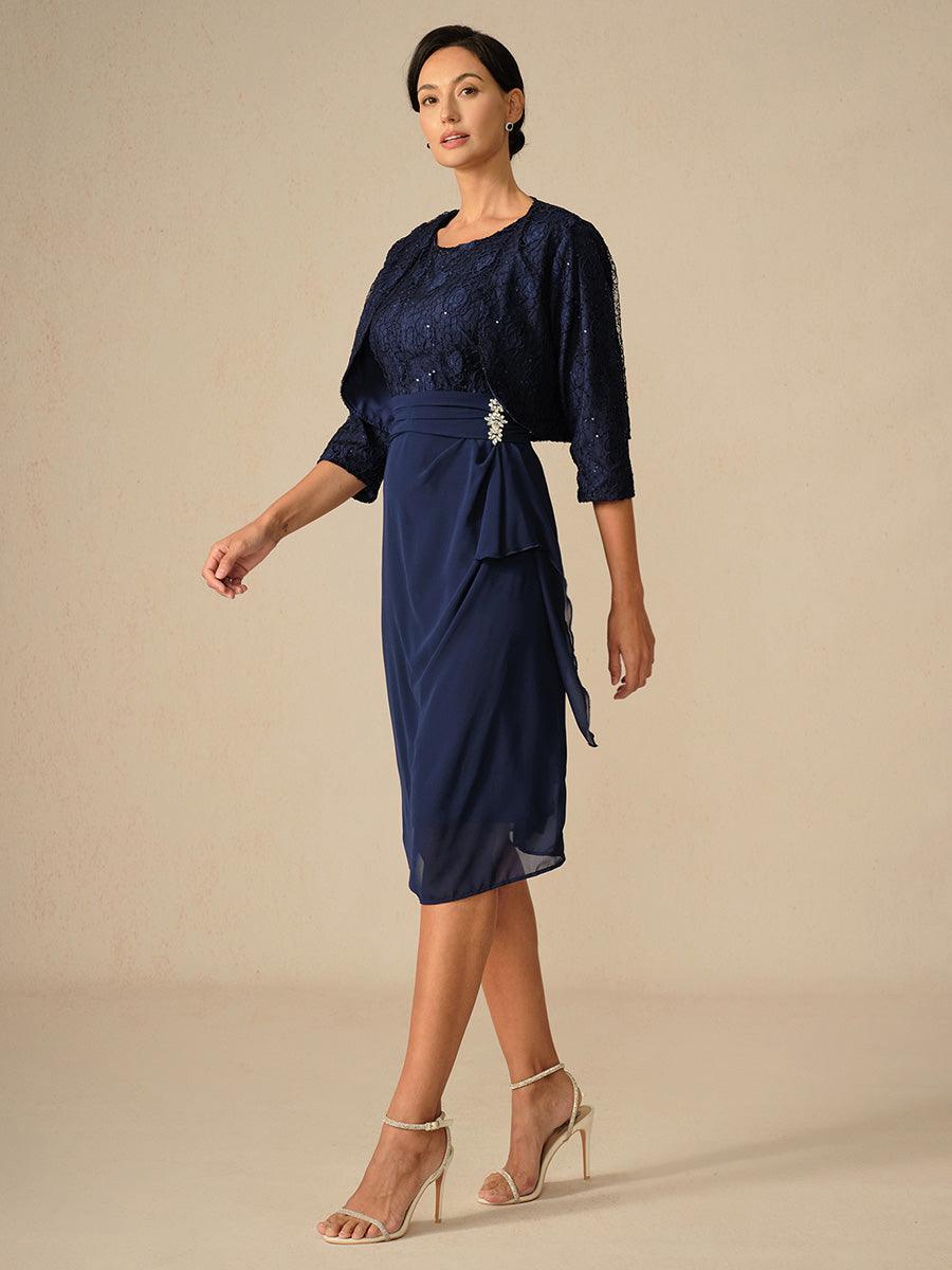 Ensemble élégant robe bleu marine longueur genou avec veste boléro