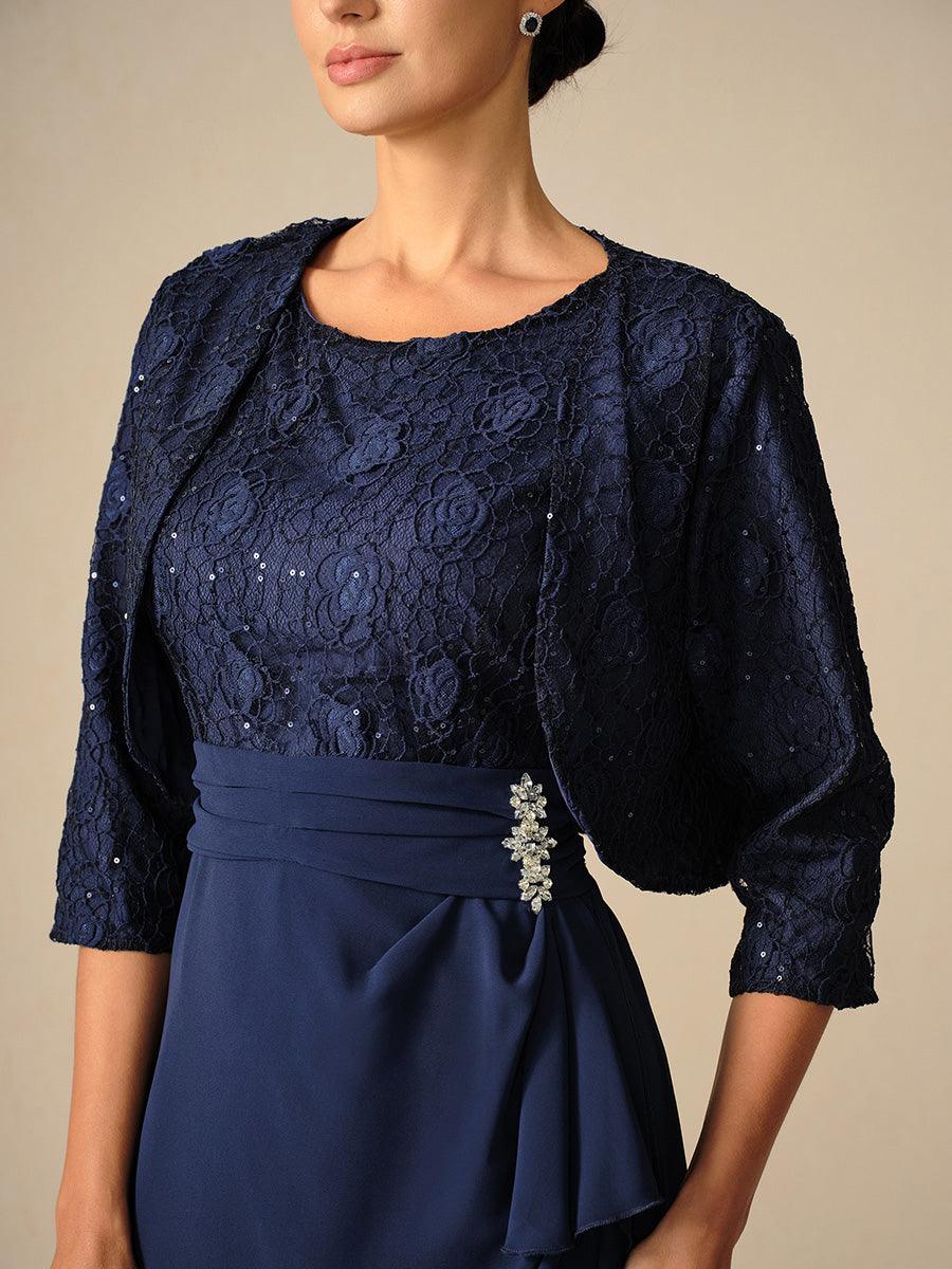 Ensemble élégant robe bleu marine longueur genou avec veste boléro