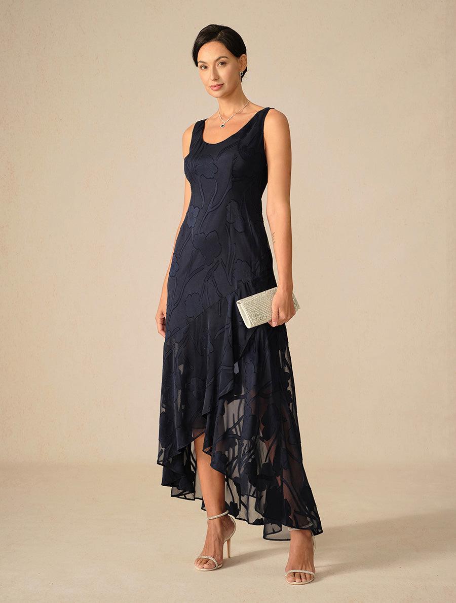 Navy Floral Chiffon Evening Gown with Asymmetrical Hem