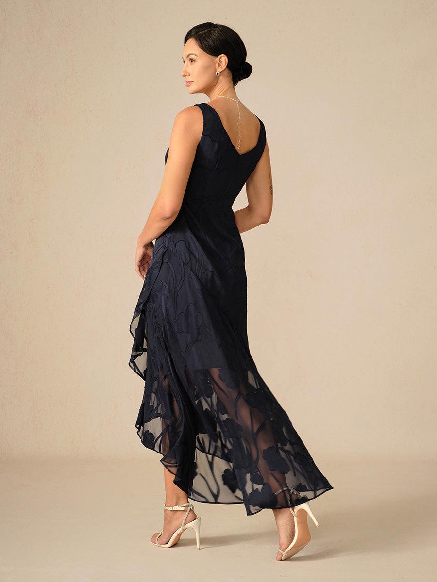 Navy Floral Chiffon Evening Gown with Asymmetrical Hem